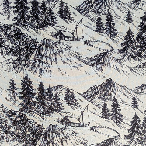 Polyester silk fabric with detailed black and white illustration of a mountain landscape with trees and buildings.