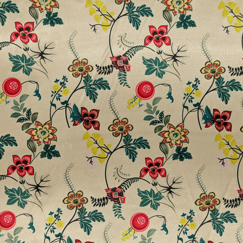 Polyester silk fabric used to create handmade Hoi An Lanterns featuring delicate flowers against creamy background.