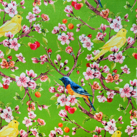 A vibrant fabric design featuring a lush green background with delicate cherry blossoms in full bloom. The branches are adorned with clusters of pink and white flowers, along with small red and orange cherries. Among the blossoms, bright yellow canaries and striking blue and orange flycatchers are perched.