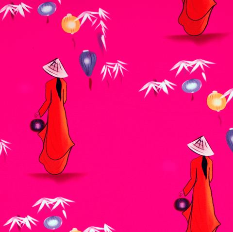 Polyester silk fabric with traditional nón lá hat-wearing Vietnamese woman holding lanterns on bright pink background.