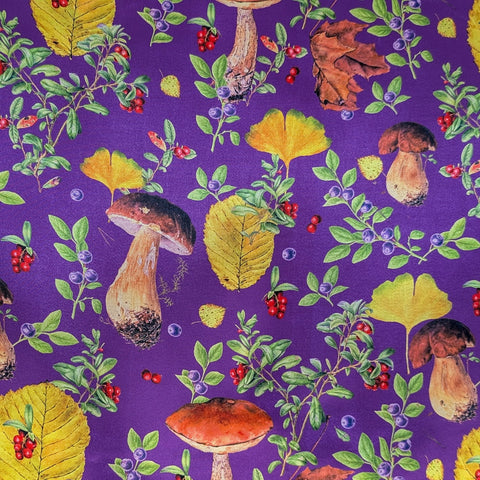 Folklore-style illustration of mushrooms, leaves, and berries on a purple background