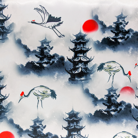 Polyester silk fabric with red-crowned cranes and pagodas, with crimson red sun on white background.