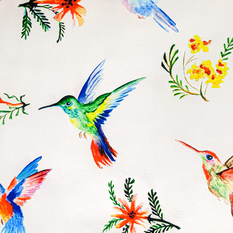 Polyester silk fabric with hummingbirds and flowers print used to create Vietnamese Hoi An Lanterns.