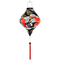 Lozenge shaped Vietnamese lantern with abstract print in red, black, blue and gold outline.