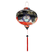 Round Vietnamese silk lantern with red tassel and an abstract print in red, black, blue and gold outline.