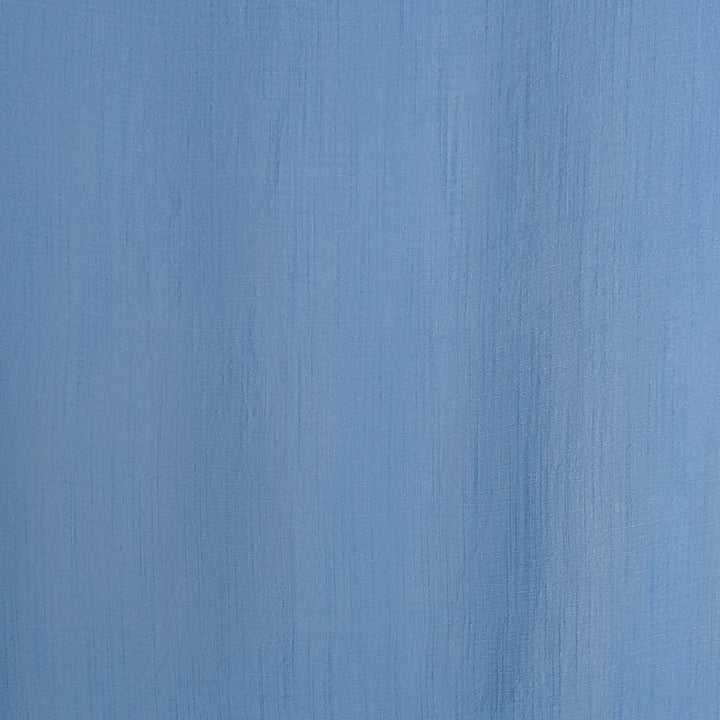 A close-up of a light blue textured poly linen fabric with subtle vertical ribbing.