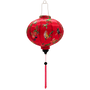 Round shaped lantern with pink tassel featuring a print of various birds in flight with peach flowers against a hot pink.