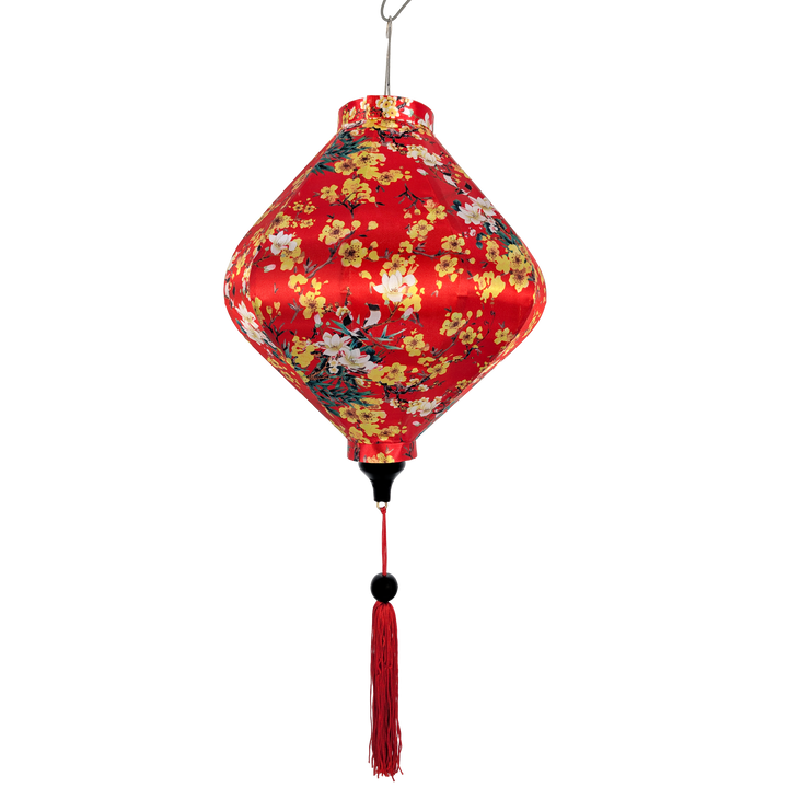 Red Lozenge shaped silk lantern with yellow floral patterns 