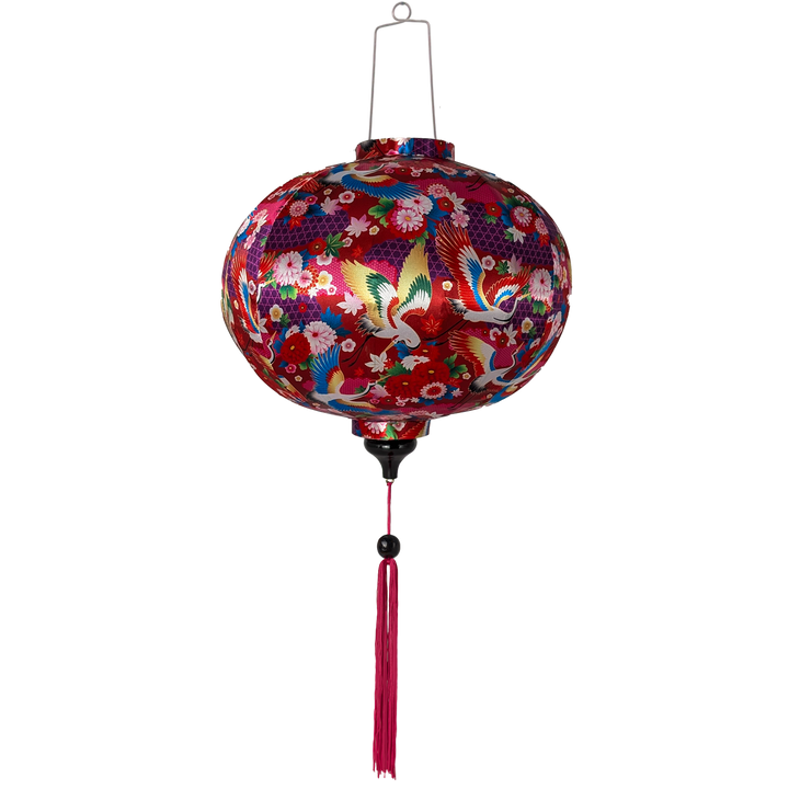 Round Vietnamese silk lantern with a vivid display of cranes, their wings gracefully cascading in shades of white, gold, red, and blue. 