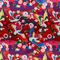 Polyester silk fabric with cranes, their wings gracefully cascading in shades of white, gold, red, and blue. Their backdrop is lush with red and pink flowers, foliage, and dark, majestic purples. 