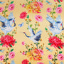 Close up of polyester silk fabric featuring graceful cranes, vibrant chrysanthemums, and delicate dragonflies.