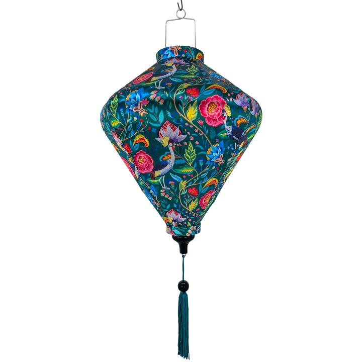 Diamond shaped Vietnamese silk lantern hanging lantern with floral pattern on a dark green background
