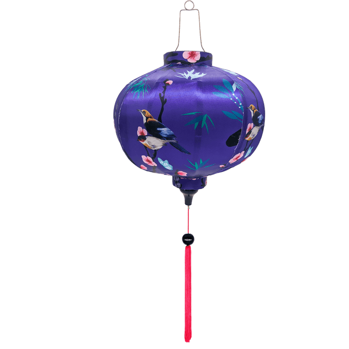 Round shaped Vietnamese silk lantern with pink tassel, hand made with steel, bamboo and deep purple polyester silk fabric with a print of birds, pink blooms, and butterflies.