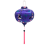 Round shaped Vietnamese silk lantern with pink tassel, hand made with steel, bamboo and deep purple polyester silk fabric with a print of birds, pink blooms, and butterflies.