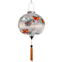 Round Vietnamese silk lantern handmade in Hoi An with bird and floral patterns on a white background.