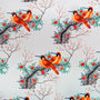 Polyester silk fabric with a pattern of orange birds on branches with red flowers on a white background