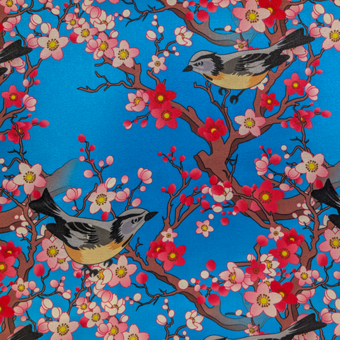 Pattern of birds and cherry blossoms on a blue background