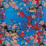 Pattern of birds and cherry blossoms on a blue background