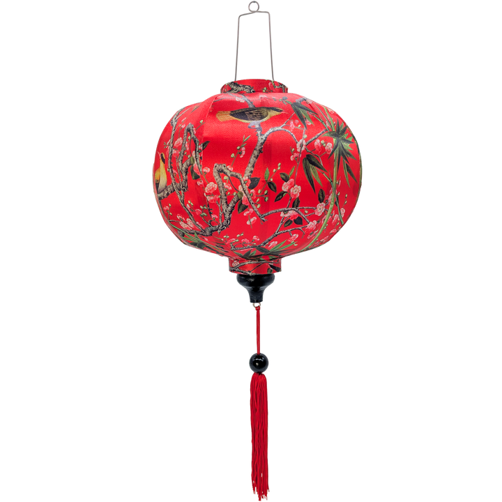Round shape Vietnamese silk lantern with red tassel.