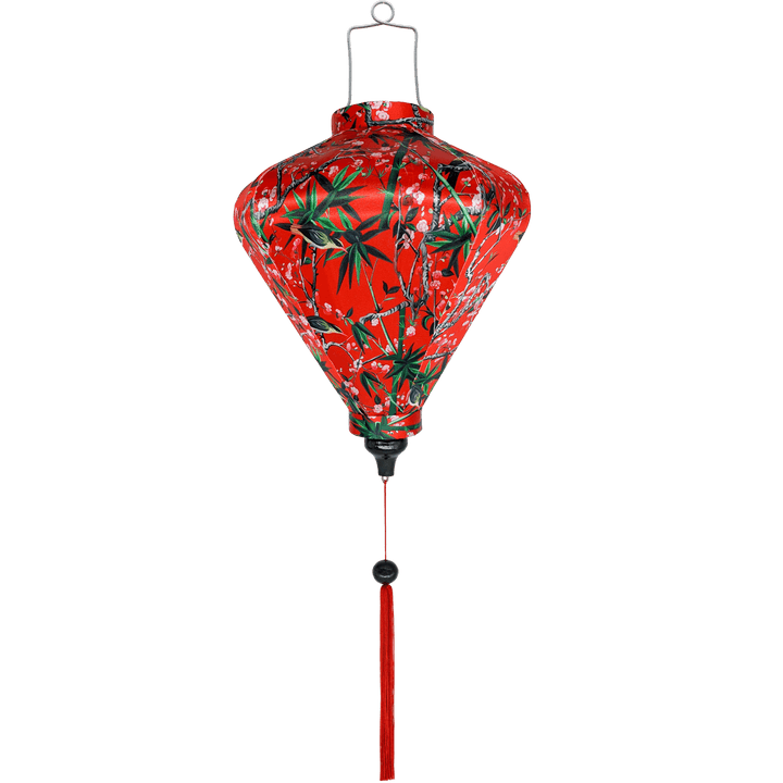 Diamond shaped lantern with Blacknaped Oriole birds perched in a tree with pink flowers.