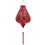 Garlic shaped Hoi An lantern with red tassel and print of Blacknaped Oriole birds perched in a tree with pink flowers.