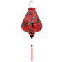 Garlic shaped Hoi An lantern with red tassel and print of Blacknaped Oriole birds perched in a tree with pink flowers.