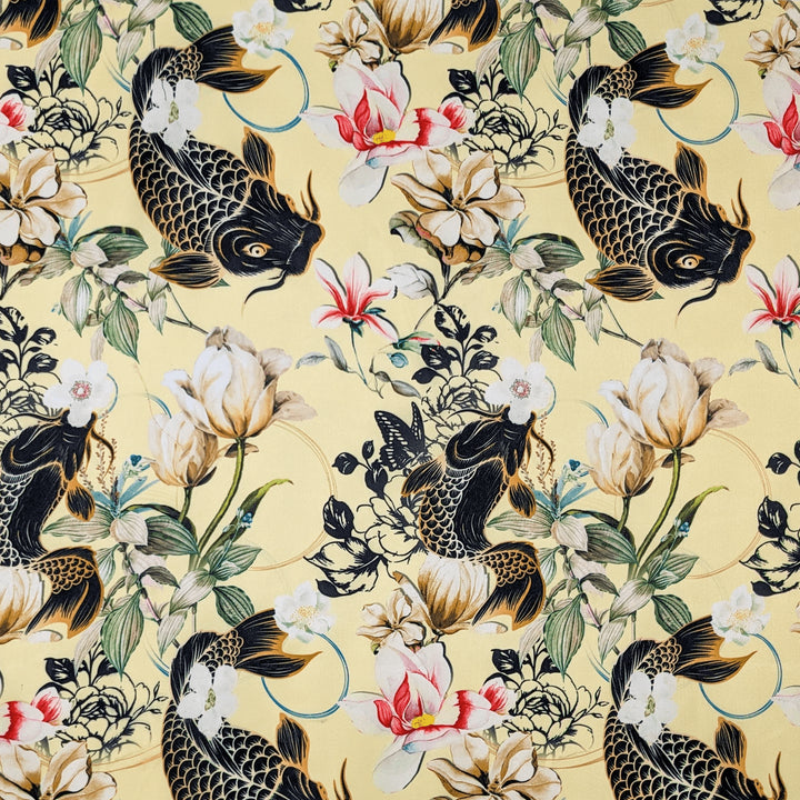Polyester silk fabric used to created Hoi An Vietnamese lanterns with a print of black koi swimming on a cream background, with white roses and orchids.