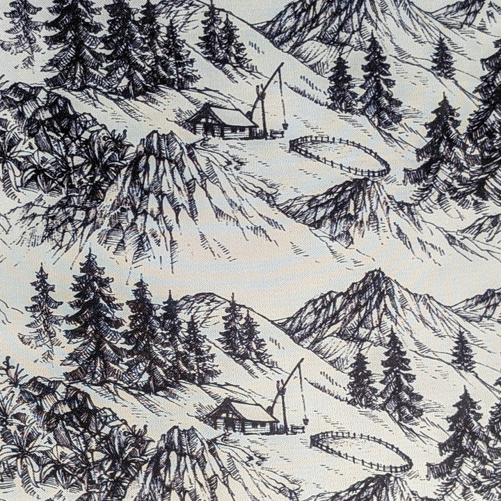 Polyester silk fabric with detailed black and white illustration of a mountain landscape with trees and buildings.