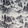 Polyester silk fabric with detailed black and white illustration of a mountain landscape with trees and buildings.