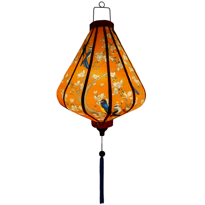 Glowing Vietnamese lantern with blue birds on orange.