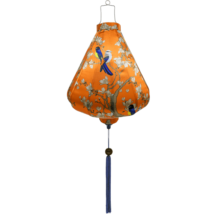 Teardrop shape silk lantern with blue tassels.