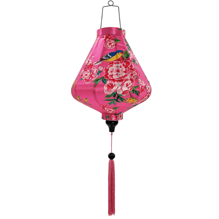Teardrop shaped lantern with pink tassel.