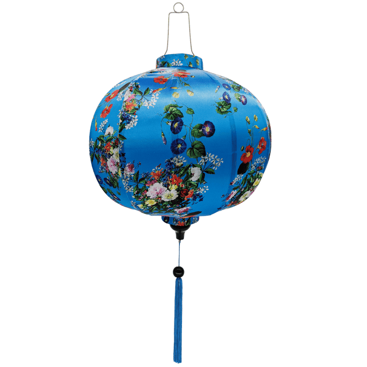 Round shape Vietnamese lantern with wild flowers in a rainbow of colours against a blue background.