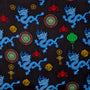 Blue and white dragons, gold flowers, and green lanterns on a black background