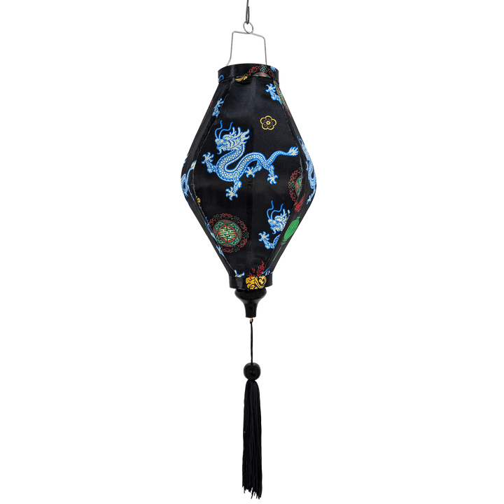 Black silk Tube shaped lantern with blue and white dragon design on a black background with matching black tassel.