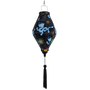 Black silk Tube shaped lantern with blue and white dragon design on a black background with matching black tassel.