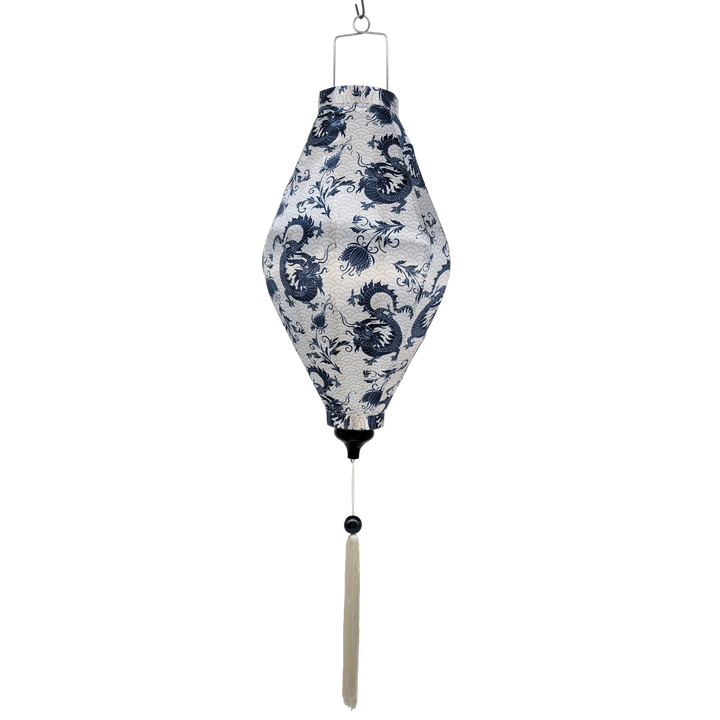 Tube shape Vietnamese silk lantern with dragon and floral pattern on a white background