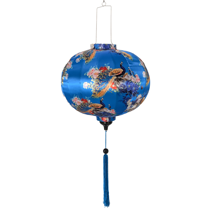 Round shape Vietnamese silk lantern featuring peacocks and flowers on blue.