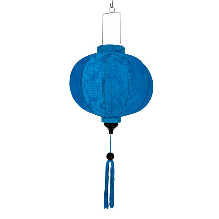 Blue round shaped decorative Vietnamese silk lantern with a tassel 
