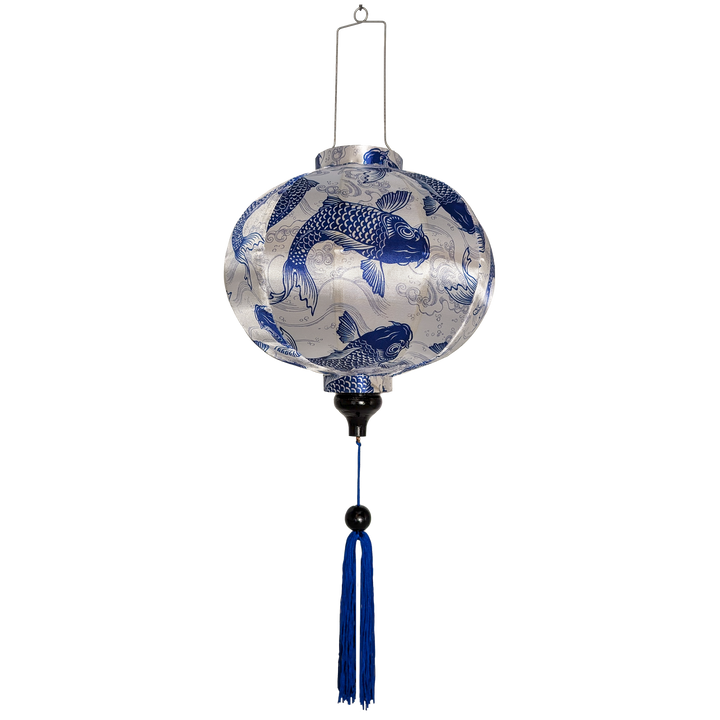 Round lantern with blue koi print, featuring a pattern of intricately detailed koi fish swimming amidst silver swirling water currents. 