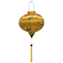 Traditional Vietnamese Round shaped lantern with a smooth silk finish, ideal for indoor and outdoor decoration featuring blue swallows flying around with yellow flowers in their beaks on a yellow background.