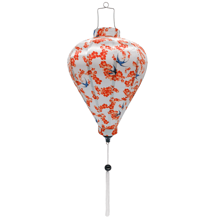 Balloon shape Vietnamese silk lantern with blue blues and red flowers on white silk.