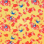 Polyester silk fabric with a pattern of blue birds and red flowers on a yellow background