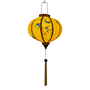 Glowing Traditional Vietnamese Round lantern with a smooth silk finish, ideal for indoor and outdoor decoration featuring blue swallows flying around with yellow flowers in their beaks on a yellow background.