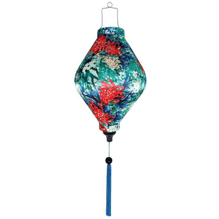 Tube shape Vietnamese Lantern with blue tassels and chrysanthemum flowers.
