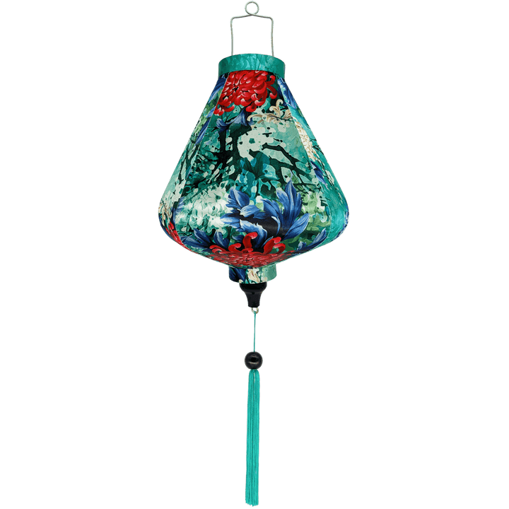 Teardrop shape Vietnamese Lantern with blue tassels and chrysanthemum flowers.