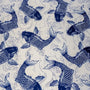 Polyester silk fabric with blue koi print, featuring a pattern of intricately detailed koi fish swimming amidst silver swirling water currents. 