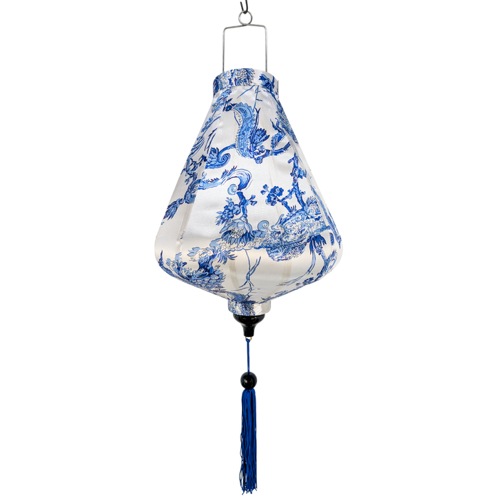 Decorative hanging lantern with blue floral pattern on a white background