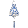 Decorative hanging lantern with blue floral pattern on a white background