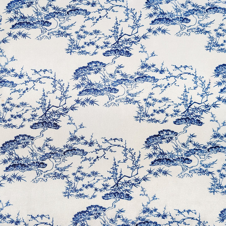 Blue bonsai print on white made from polyester silk for handmade Vietnamese lanterns from Hoi An.